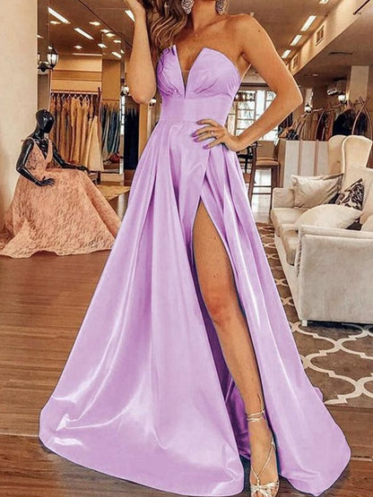 A-line skirt princess satin ruffled edge sleeveless evening strapless dress