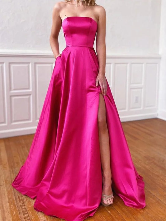 A-line elegant princess satin ruffled edge sleeveless formal strapless skirt