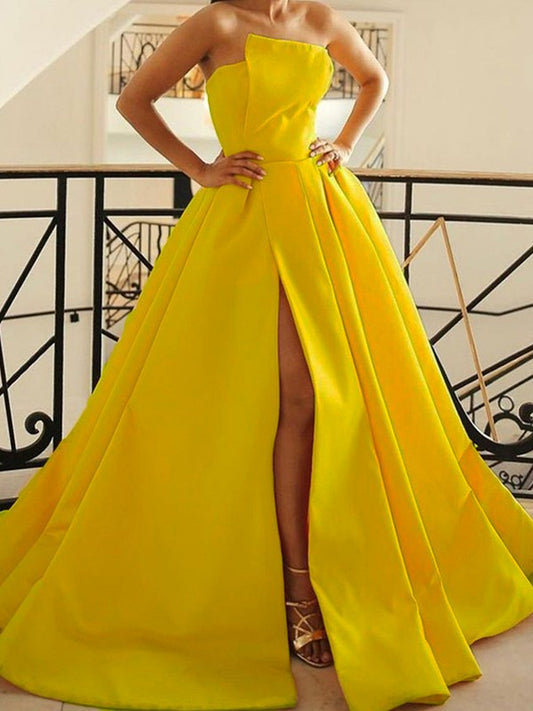 A-line skirt princess satin ruffled edge sleeveless formal evening strapless dress