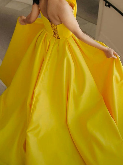 A-line skirt princess satin ruffled edge sleeveless formal evening strapless dress
