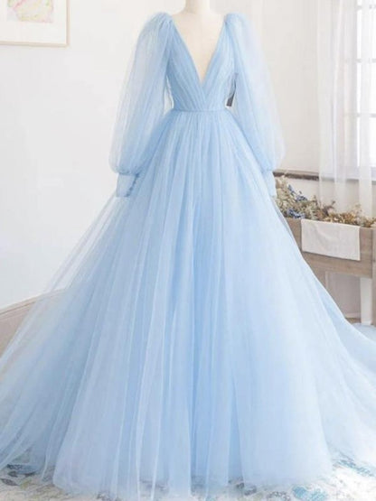 A-line elegant princess sheer ruffled V-neck long sleeved evening dress