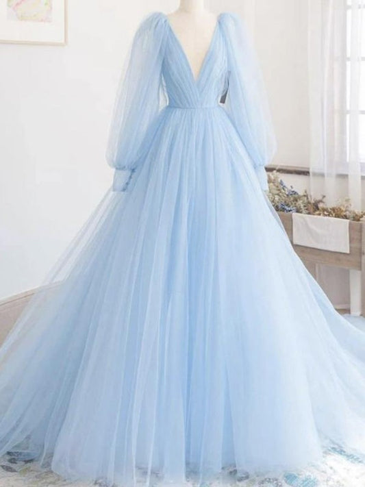 A-line elegant princess sheer ruffled V-neck long sleeved evening dress