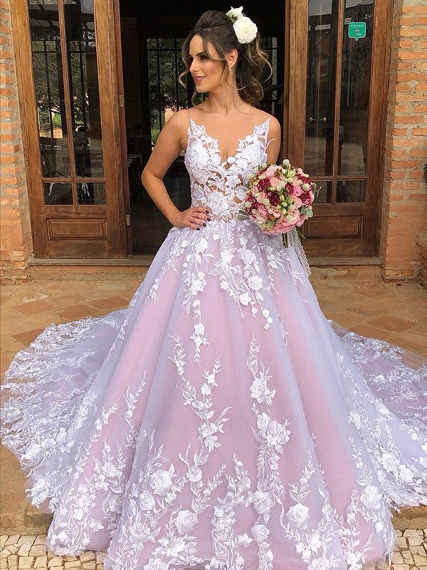 Elegant lace decal V-neck sleeveless church skirt wedding dress