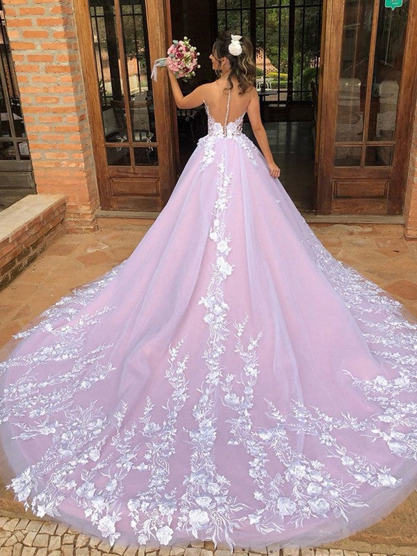 Elegant lace decal V-neck sleeveless church skirt wedding dress
