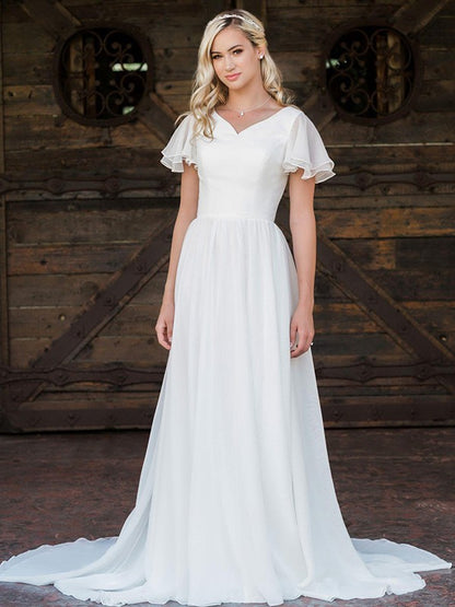 A-line princess chiffon ruffled V-neck short sleeved strapless wedding dress