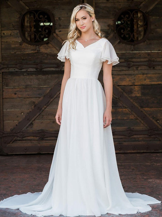 A-line princess chiffon ruffled V-neck short sleeved strapless wedding dress