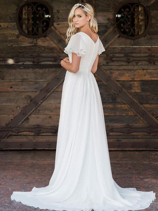 A-line princess chiffon ruffled V-neck short sleeved strapless wedding dress