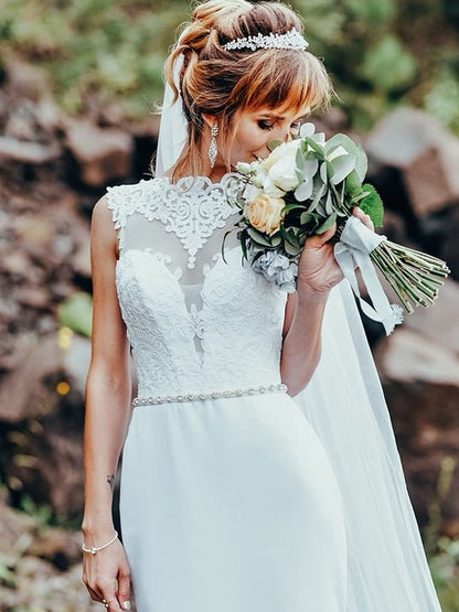 Scoop Sleeveless Train Wedding Dress with Sheath Column Lace Applique