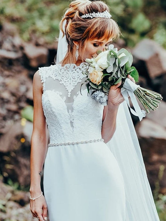 Scoop Sleeveless Train Wedding Dress with Sheath Column Lace Applique