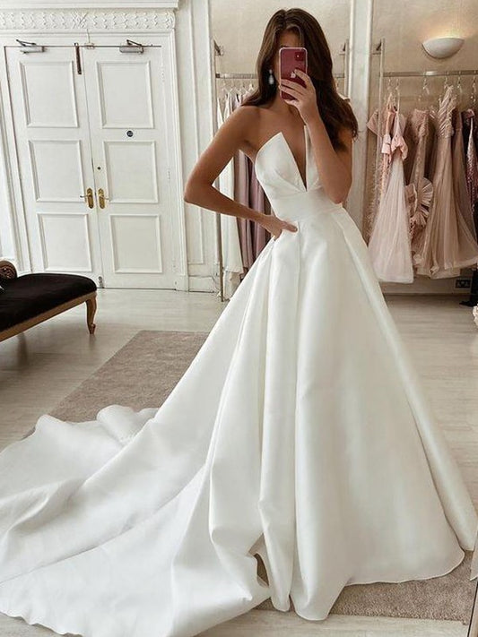 A-shaped princess style satin ruffled V-neck sleeveless chest length wedding dress
