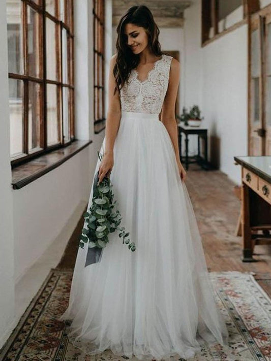 A-shaped elegant princess style sheer lace V-neck sleeveless ground length wedding dress