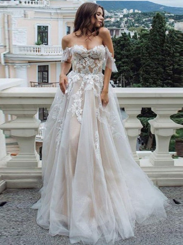 A-line Princess Lace Applique Sexy Off the Shoulder Sleeveless Sweeping Wedding Dress