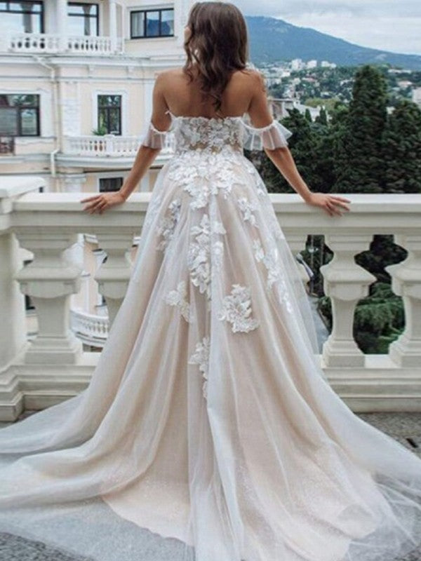 A-line Princess Lace Applique Sexy Off the Shoulder Sleeveless Sweeping Wedding Dress