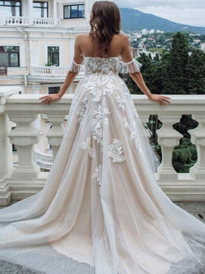 A-line Princess Lace Applique Sexy Off the Shoulder Sleeveless Sweeping Wedding Dress