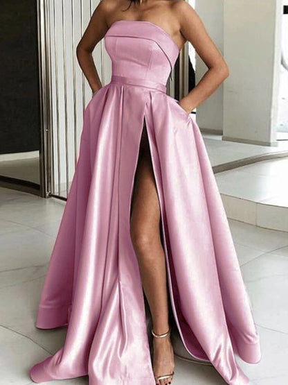 A-line Elegant Princess Satin Ruffle Edge Sleeveless Evening Dress
