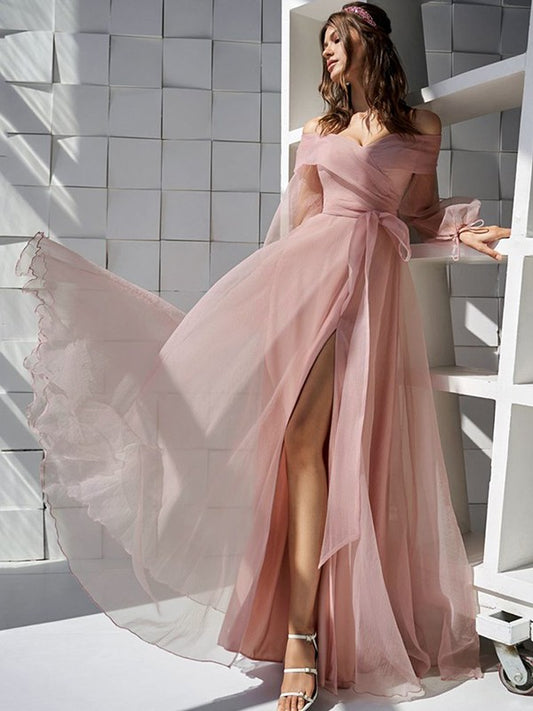 A-line Elegant Princess Organza Off Shoulder Pleated Long Sleeve Floor Dress
