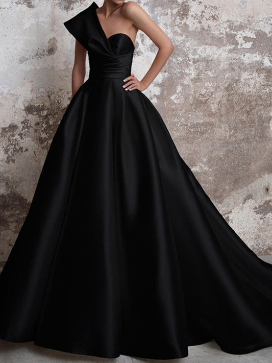 A-line Princess Satin Ruffle Edge Sexy One Shoulder Sleeveless Bra Dress