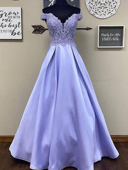 A-line Elegant Princess Satin Sexy Off the Shoulder Sleeveless Floor Dress