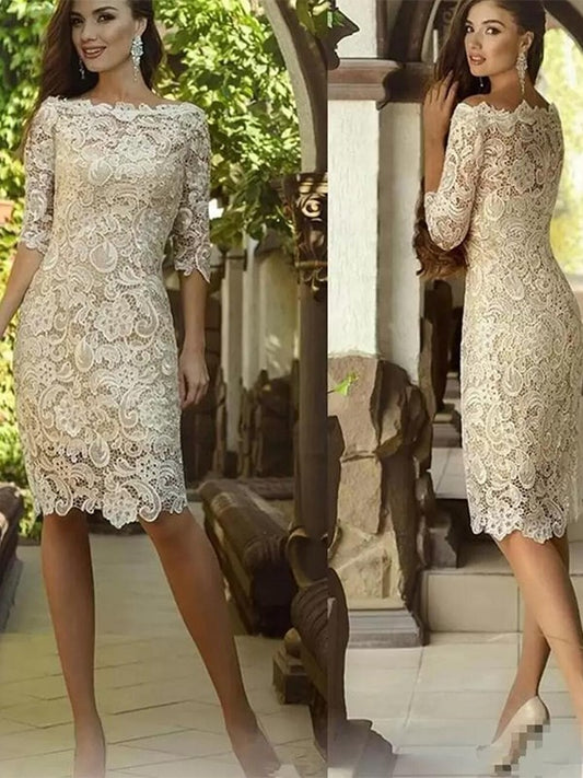 Sheath Pillar Lace Applique Off Shoulder Knee Bridal Dress