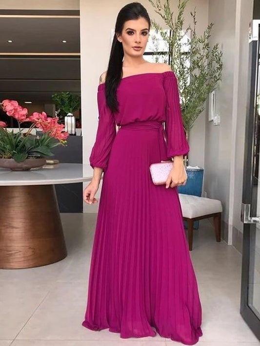 Sweet Princess Chiffon Ruffle Edge Sexy Off the Shoulder Long Sleeve Floor mopping Bride Mom Dress