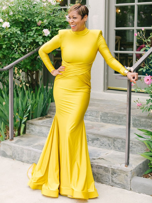 Wrinkled high necked long sleeved sweeping comb style dress for bride's mother wedding dress
