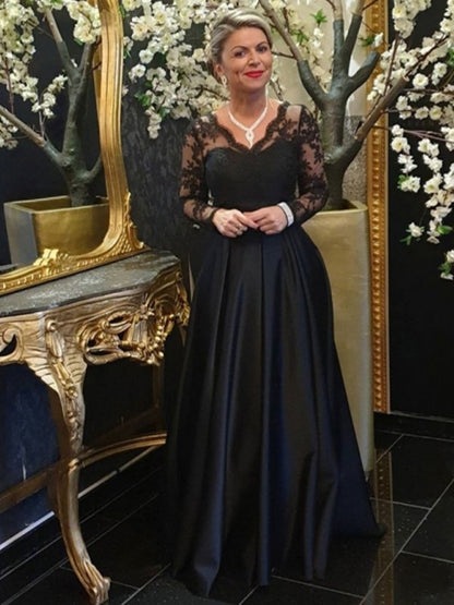A-line satin lace V-neck long sleeved sweeping shoulder bride's mother dress