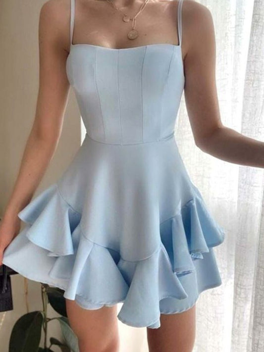 A-line sexy princess elastic ruffled Italian spaghetti strap sleeveless dress