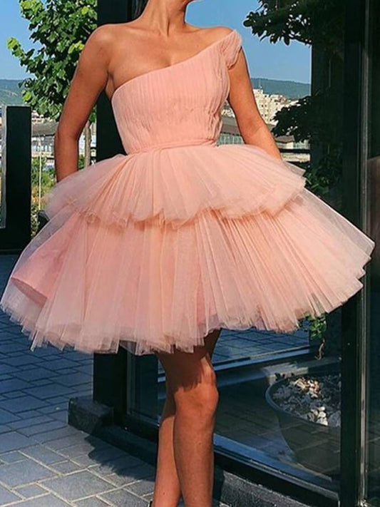 A-line Elegant Princess Tulle Ruffle Edge Single Shoulder Sleeveless Mini Dress