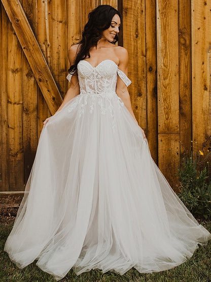 A-line Princess sheer patch flower exposed shoulder sleeveless strapless wedding dress