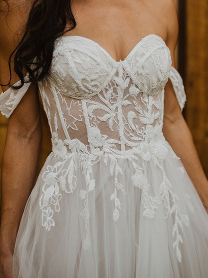 A-line Princess sheer patch flower exposed shoulder sleeveless strapless wedding dress