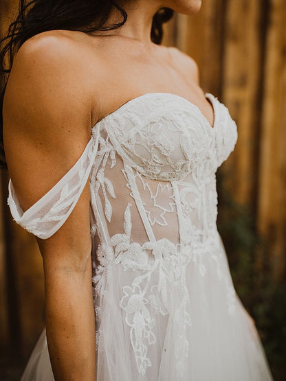 A-line Princess sheer patch flower exposed shoulder sleeveless strapless wedding dress