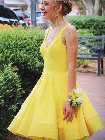 A-line high-end princess satin ruffled V-neck sleeveless short/mini dress