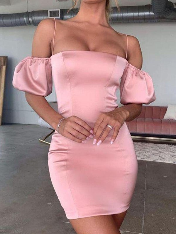 Column shaped charming pleated spaghetti strap short sleeved dress