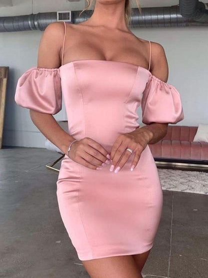 Column shaped charming pleated spaghetti strap short sleeved dress