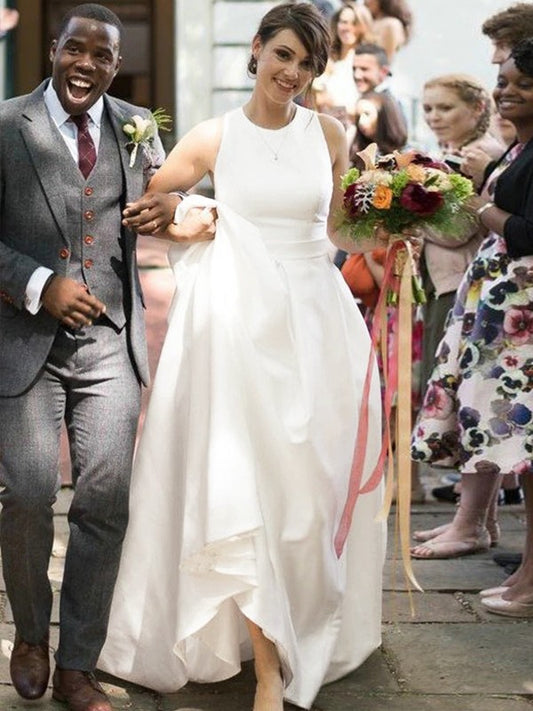 A-line Princess Satin Ruffle Scoop Sleeveless Wedding Dress
