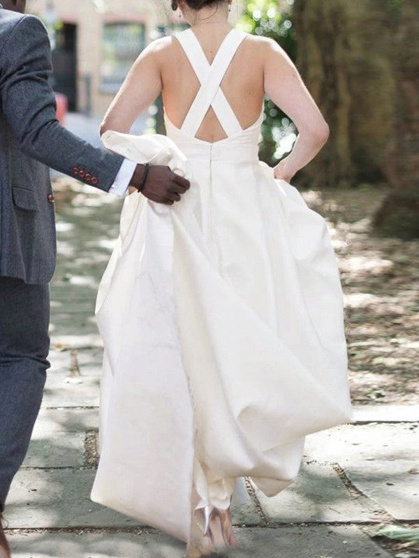 A-line Princess Satin Ruffle Scoop Sleeveless Wedding Dress