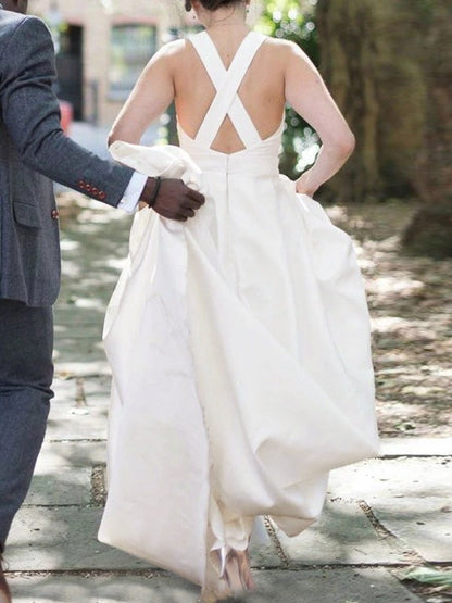 A-line Princess Satin Ruffle Scoop Sleeveless Wedding Dress
