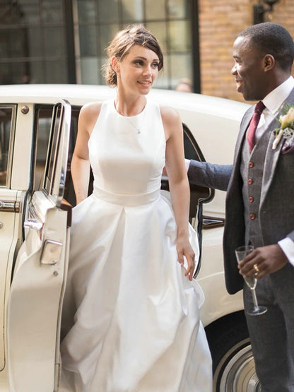 A-line Princess Satin Ruffle Scoop Sleeveless Wedding Dress