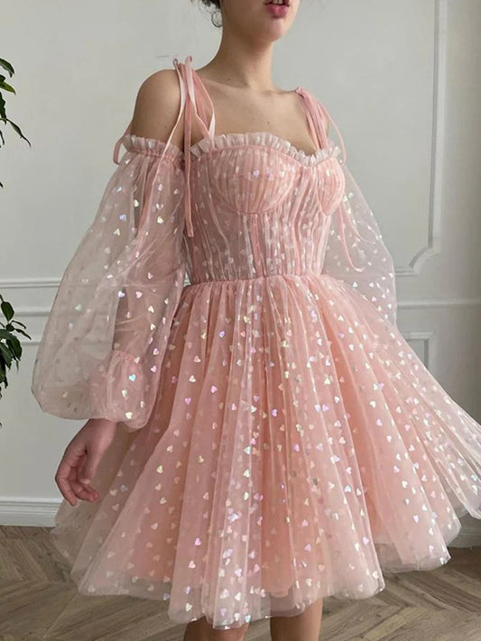 A-line Princess Ruffle Edge Italian Noodle Strap Long sleeved Mini Dress