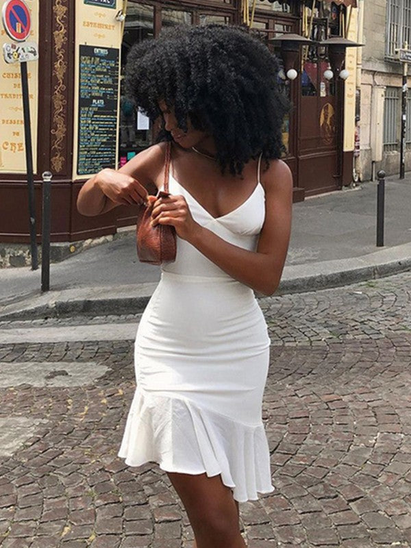 Cylindrical elastic Crepe pleated V-neck sleeveless mini dress