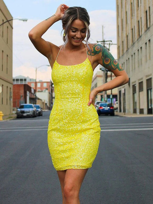 Pillar sequin spaghetti strap sleeveless short dress