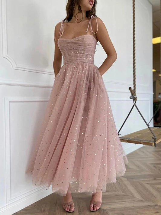 A-line Elegant Princess Ruffle Italian Noodle Strap Sleeveless Knee Length Dress