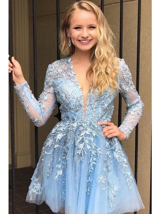A-line Princess Lace Applique V-neck Long sleeved Mini Dress