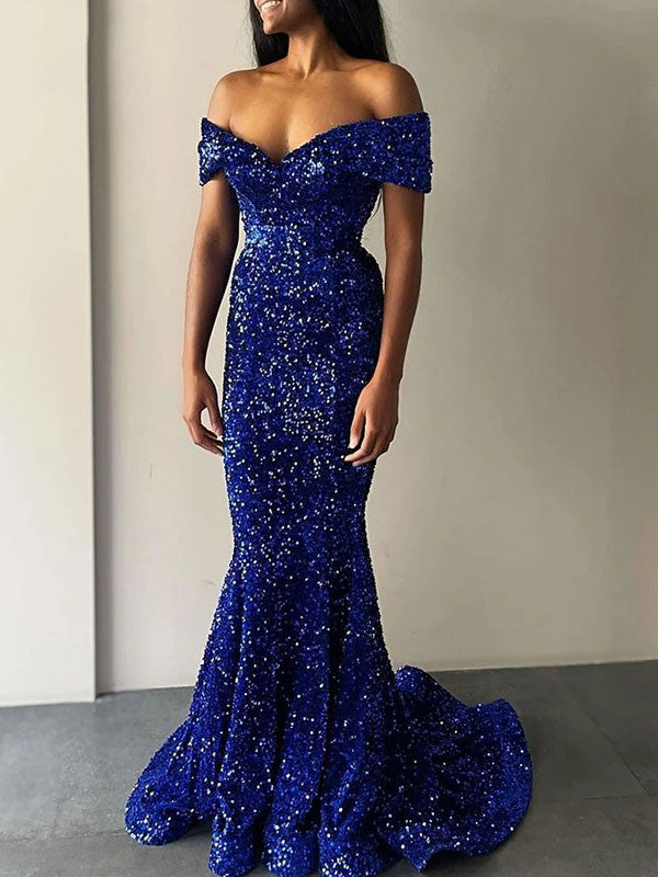 Mermaid Velvet Sequins Sexy Off the Shoulder Sleeveless Brush Train Skirt