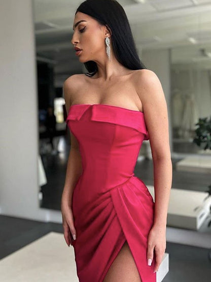 Tight and elastic woven satin pleated strapless sleeveless large hem drag dress