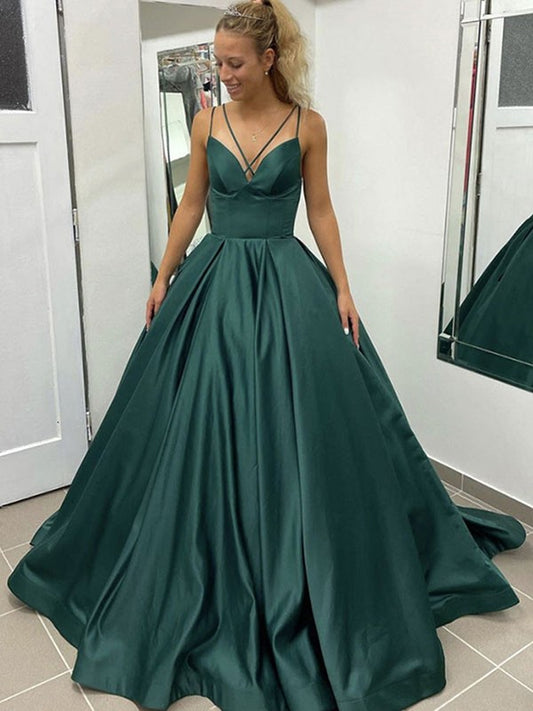Elegant satin ruffled V-neck sleeveless court dress