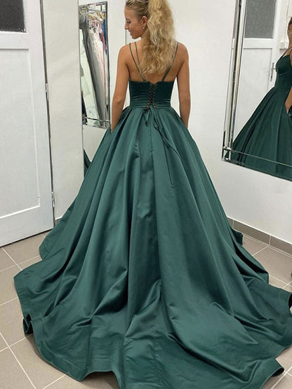 Elegant satin ruffled V-neck sleeveless court dress
