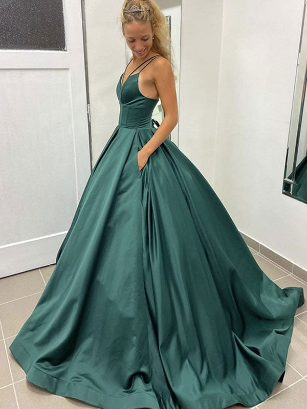 Elegant satin ruffled V-neck sleeveless court dress