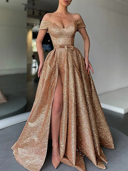 A-line skirt princess sequin ruffled edge sexy off the shoulder sleeveless dress