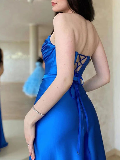 A-line princess silk pleated sleeveless floor mopping evening dress